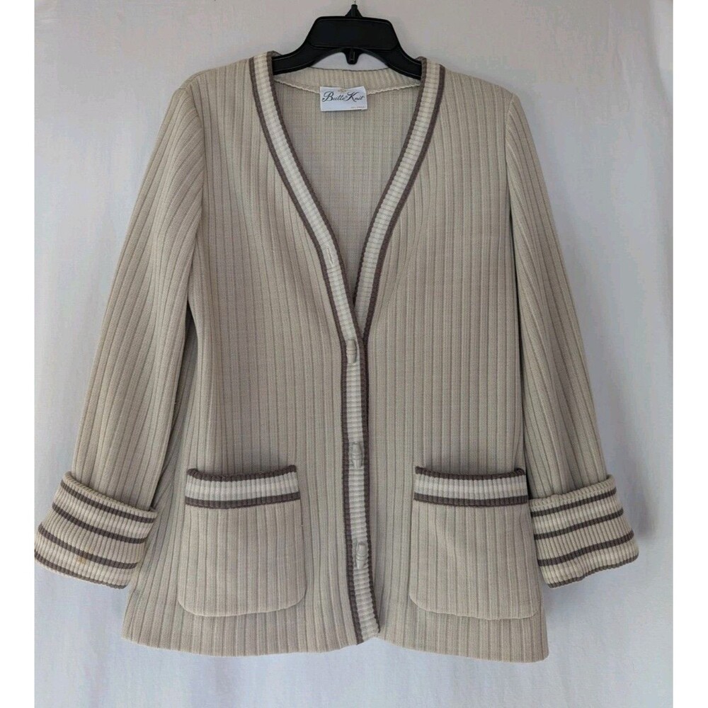Vintage 60s 70s Butte Knit Cream Ribbed Classic Sweater Cardigan M/L ?